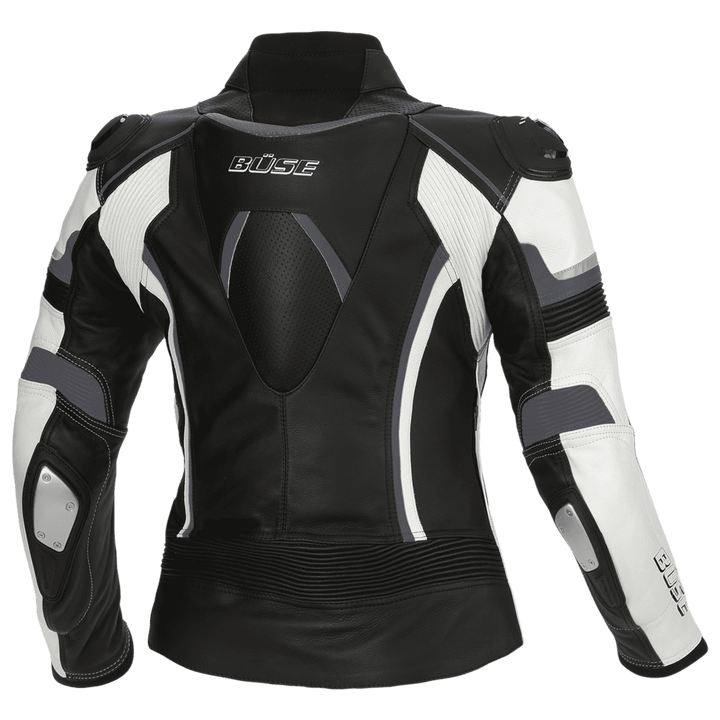 Baksidan av Buse Dam MC-Skinnjacka Mille i svart och vitt med ergonomisk design, skyddande paneler och högkvalitativa material.