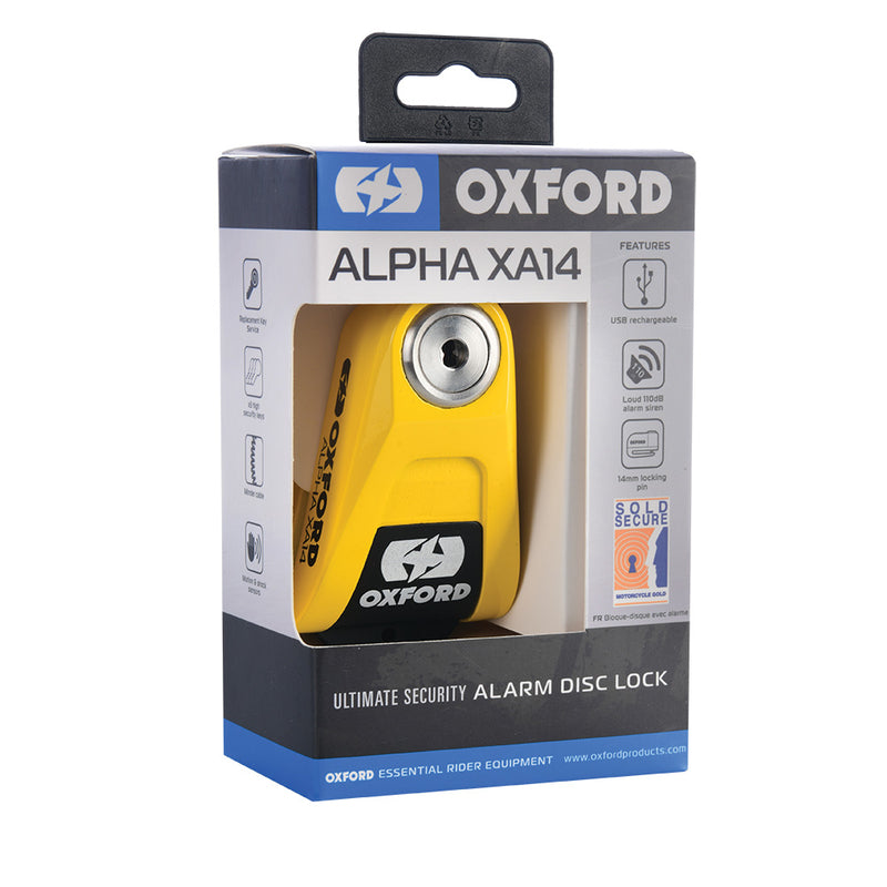 Oxford Alpha XA14 ALARM DISC LOCK Ø14MM Rustfrit stål sort/gul LK217