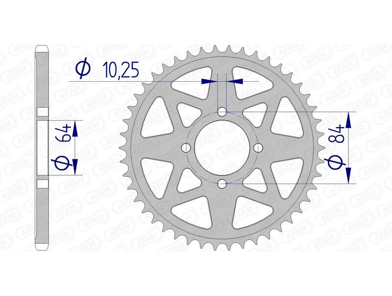 AFAM Aluminium Rear Sprocket 15310 - 520 bakdrev med exakta måttspecifikationer, inklusive 84 mm bultcirkel och 10,25 mm håldiameter. Passar Suzuki och Kawasaki fyrhjulingar.