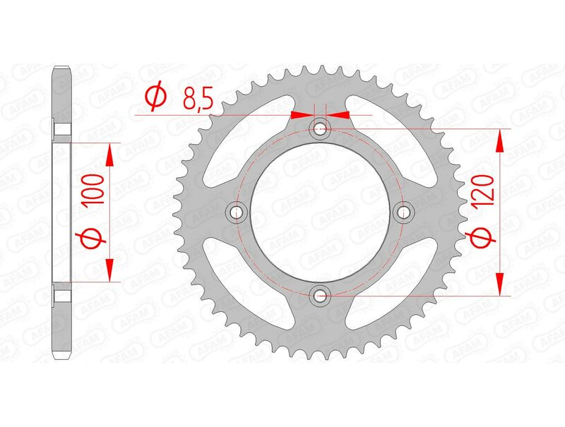 AFAM Steel Standard bakre kedjehjul 38101 - 420 med 120 mm bultcirkel och 100 mm navdiameter. Passar Beta RR 50 Enduro och Motard modeller.