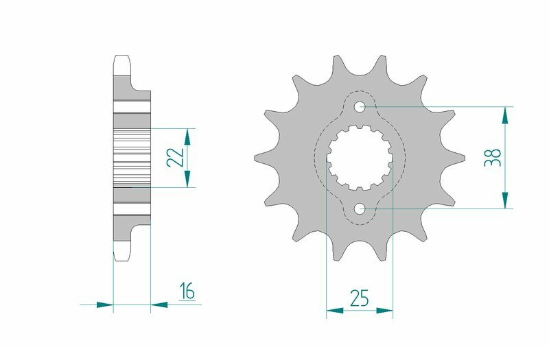 AFAM Steel Standard Framdrev 52608 - 525 framdrev i stål med 16 tänder, kompatibelt med Ducati-modeller. Teknisk ritning med måttangivelser.