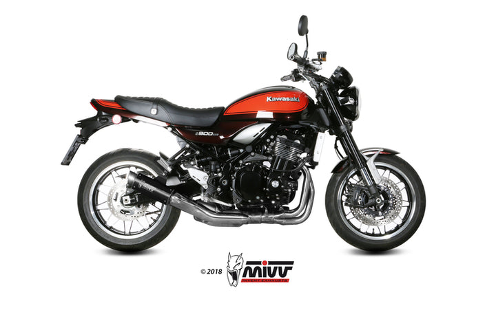 Kawasaki Z900RS med installerad MIVV GP Pro Muffler Steel Black K.046.LXBP, visad från sidan för e-handel inom MC-tillbehör.