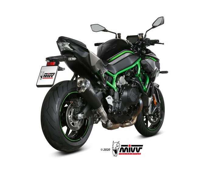 Bakifrån vy av Kawasaki Z H2 med MIVV Delta Race Silencer K.053.LDRB installerad, optimerad för stil och effekt.