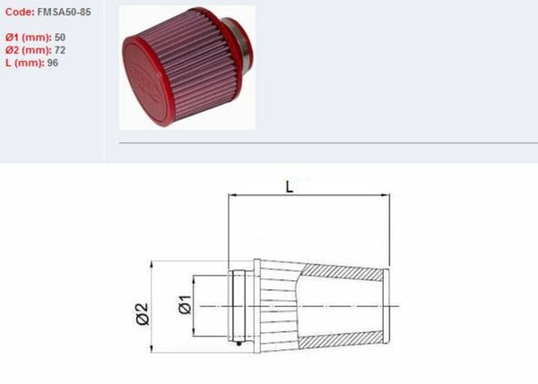 BMC Air Filter Tapered Ø50mm-FMSA50-85 FMSA50-85