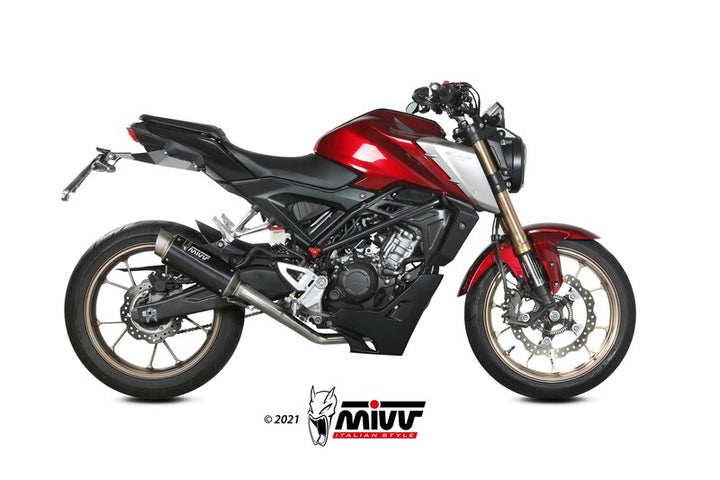 Sidovy av Honda CB125R med MIVV GP PRO Full Exhaust System H.077.LXBP installerat, optimerar prestanda och ger aggressiv look.