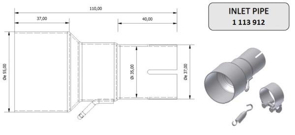 MIVV Inlet Pipe 55 > 35 mm 00.73.KU.00002 med teknisk ritning som visar mått och anslutningsdetaljer för fordonets avgassystem.
