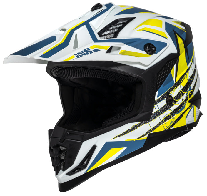 iXS Cross Mc-Hjälm 363 2.0 Vit/Blå/Flu med modern design, ventilationssystem och skyddande visir. Perfekt för motocross och offroad.