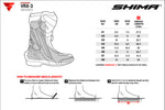 Storlekstabell för Shima Sport Mc-Stövlar VRX-3 Svart med instruktioner för att mäta innersulans längd. Storlekar från EU 41 till 48.