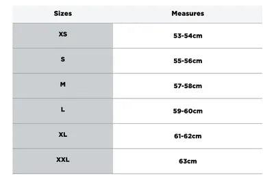 Storlekstabell för Airoh öppningsbar MC-hjälm Mathisse svart, med mått från XS (53-54 cm) till XXL (63 cm).