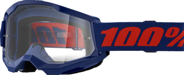 100% Goggles Strata 2 Navy - Klar med klar lins och marinblå ram, designad för motocross och motorcykelsäkerhet. Justerbart rött band med 100%-logotyp.