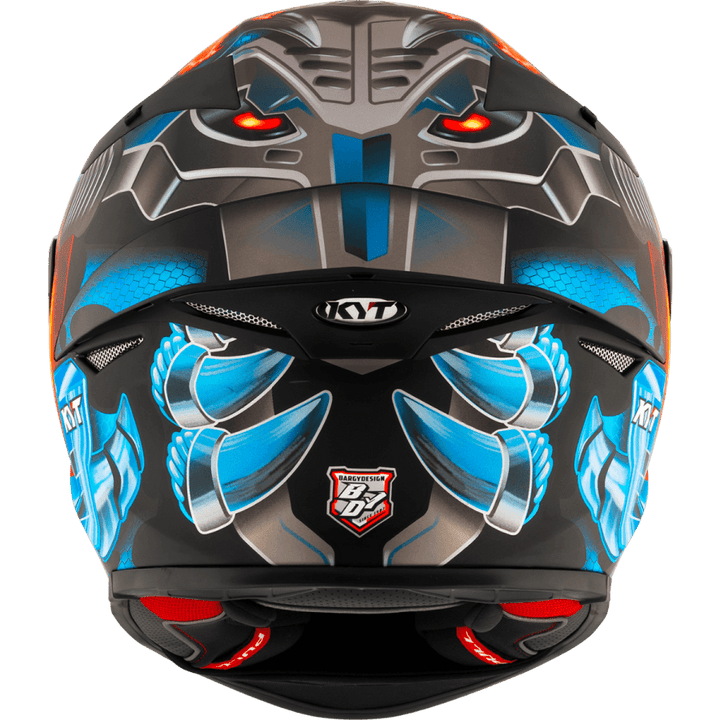 Baksidan av KYT TT-Revo Gear Hjälm med detaljerad grafik och ventilationsöppningar. Stilren och säker för motorcykelåkning.