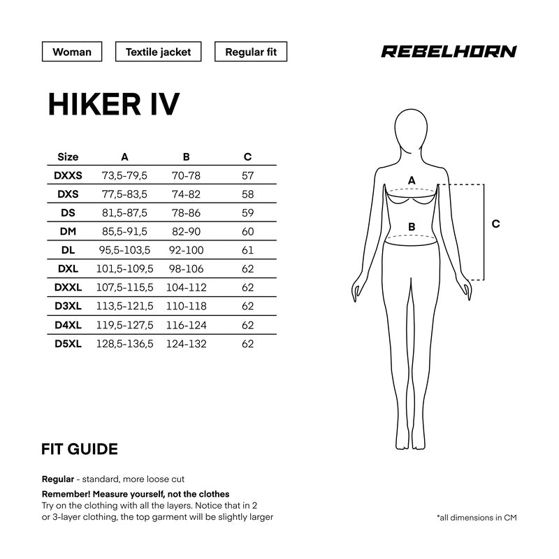 Storleksguide för Rebelhorn Dam Textil Mc-Jacka Hiker IV Grå med måttangivelser och passformsinstruktioner för kvinnor.