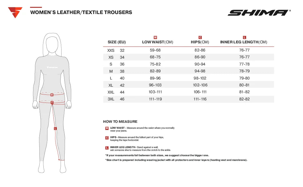 Storleksguide för Shima Dam Textil Mc-Byxor Hero 2.0 Svart med mått för midja, höfter och innerbenslängd i centimeter.