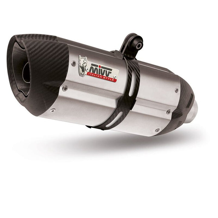 Närbild på MIVV Suono Silencer MM.001.L7 ljuddämpare i rostfritt stål med kolfiberdetaljer. Premium tillbehör inom ACC. EXHAUST.