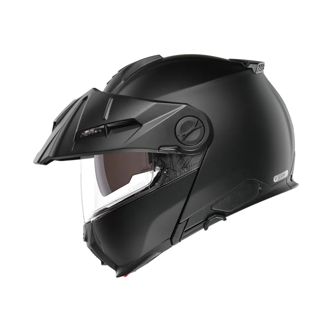 Sidovy av Schuberth Öppningsbar Mc-Hjälm E2 Matt Svart med aerodynamisk design och högkvalitativa material. Anpassad för säker motorcykelkörning.