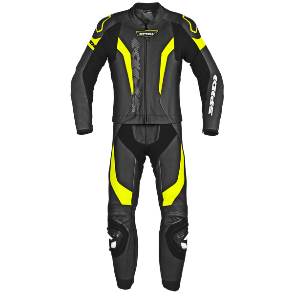 Spidi Mc-Skinnställ 2-delat Laser Touring i svart och fluorgul färg, framifrån med aerodynamisk design och skyddande material.