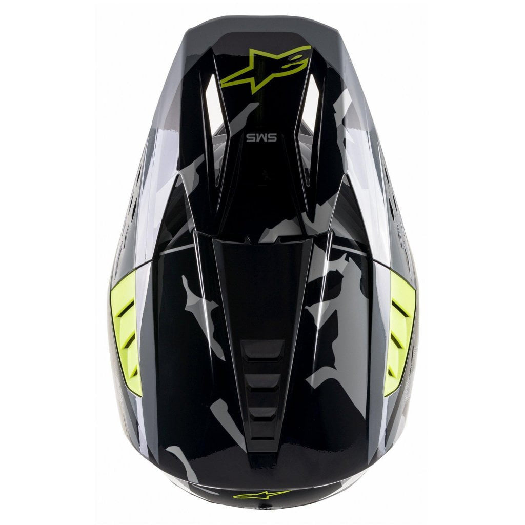 Toppen av Alpinestars Cross Mc-Hjälm S-M5 Rover med aerodynamisk design i svart, grå och gulfluo. Ventilationssystem för maximal komfort vid motocross.