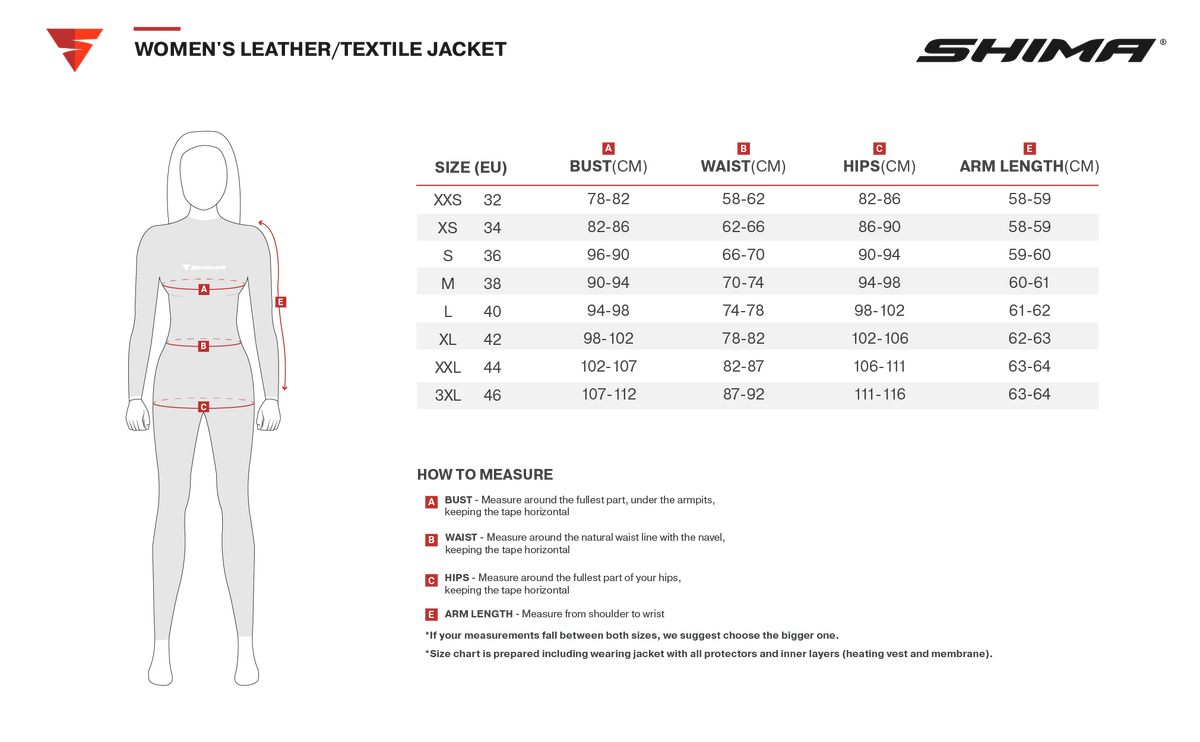Storleksguide för Shima Dam Kevlar Mc-Hoodie Daybreaker Grå med mått för byst, midja, höfter och ärmlängd i storlekar XXS-XL.