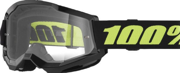 100% Goggles Strata 2 Solar Eclipse med klar lins och svart ram, designad för motocross och motorcykelskydd.