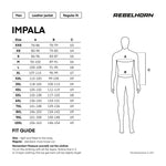 Storleksguide för Rebelhorn Skinn Mc-Jacka Impala Svart med mått i centimeter. Visar passform och rekommenderade mått för olika storlekar.