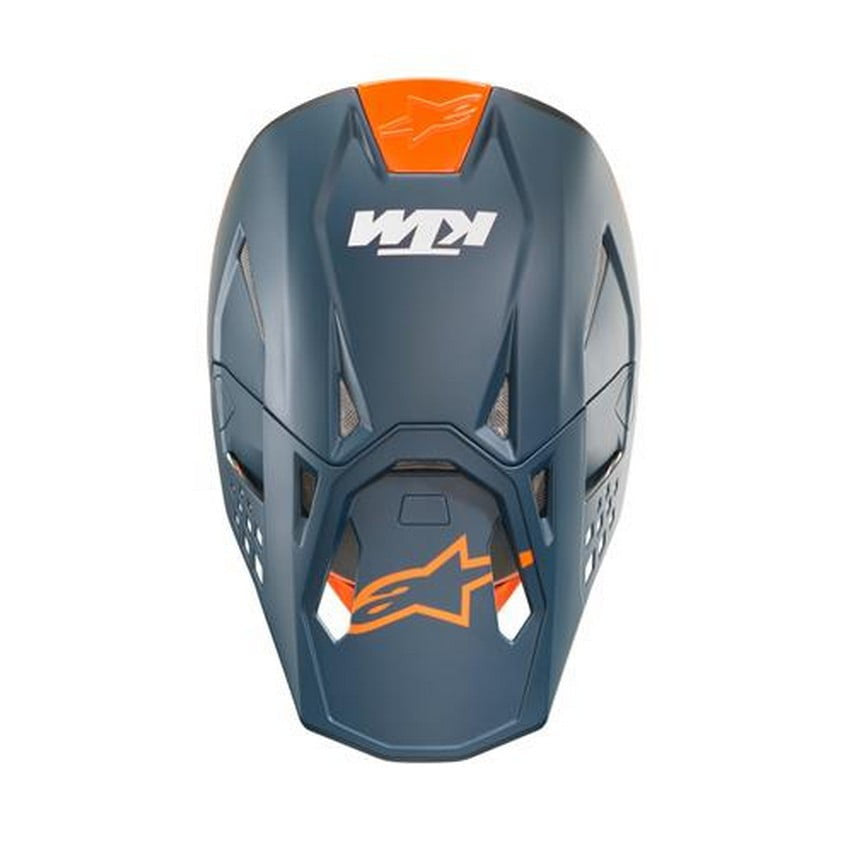 Toppvy av Alpinestars KTM Cross Mc-Hjälm S-M 10 Flash med ventilationssystem och KTM-logotyp. Säker och stilren motocrosshjälm.