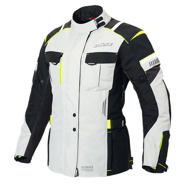 BÜSE Dam Textil Mc-Jacka Breno Pro Grå framifrån med grå och svarta paneler, gula detaljer och flera fickor för funktionalitet.