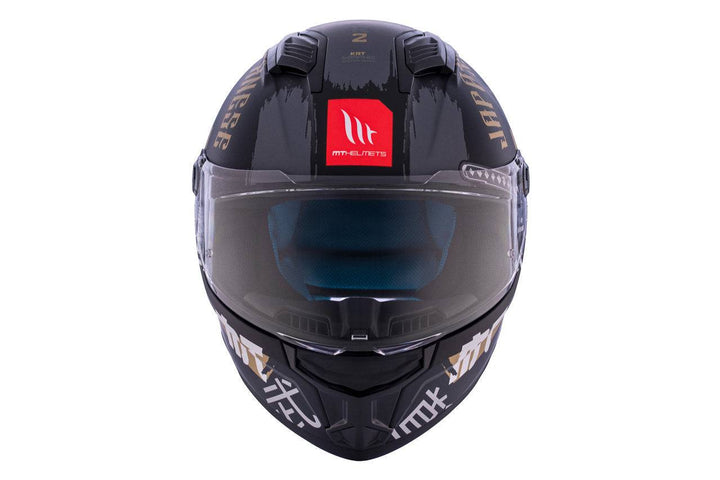 Frontalvy av MT Helmets Stinger 2 MC-hjälm med aerodynamisk design, röd logotyp och klart visir för optimal säkerhet.