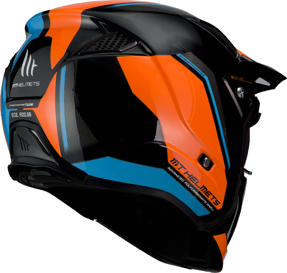 Baksidan av MT Helmets Streetfighter SV Twin med aerodynamisk design och högkvalitativ HIRP-skal i blått och orange.