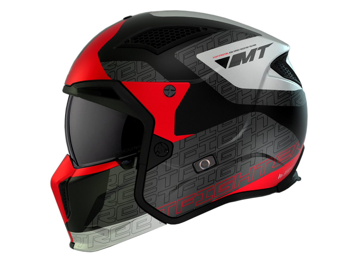 MT Helmets Streetfighter SV S Totem B15 MC-hjälm med röd-svart grafik, aerodynamisk form och avancerade säkerhetsfunktioner.