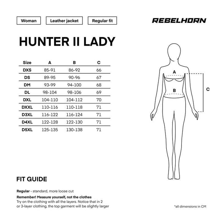 Storleksguide för Rebelhorn Dam Mc-Jacka Hunter II Vintage Brun med mått i centimeter för olika storlekar.