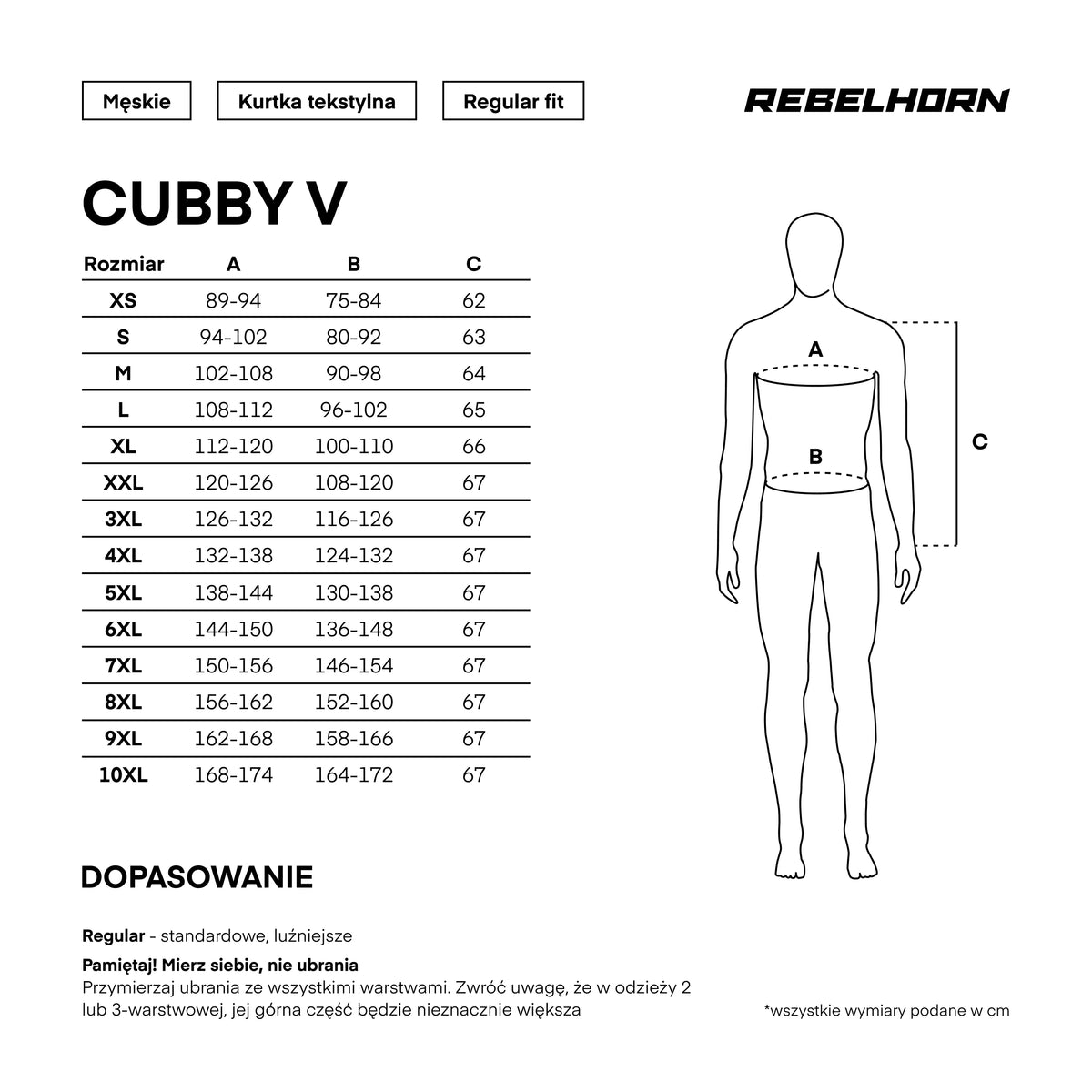 Storlekstabell för Rebelhorn Textil Mc-Jacka Cubby V Svart med mått för bröst, midja och höft i olika storlekar från XS till 10XL.