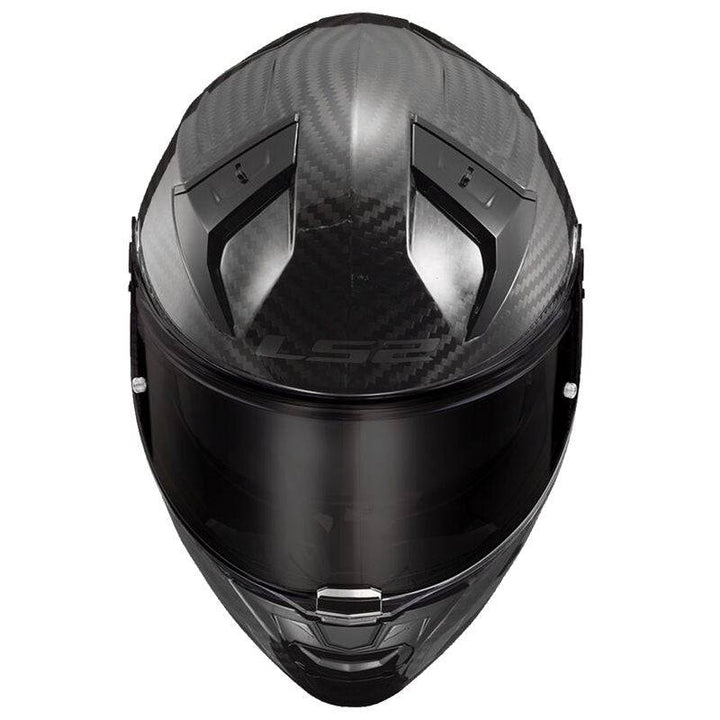 Frontal vy av LS2 Integral Mc-Hjälm Vector II Carbon Svart med kolfibermönster och ventilationsöppningar för förbättrad komfort.