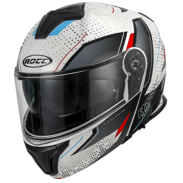 Rocc 810 öppningsbar mc-hjälm vit/svart med modern design, integrerat visir och aerodynamiska detaljer för motorcyklister.