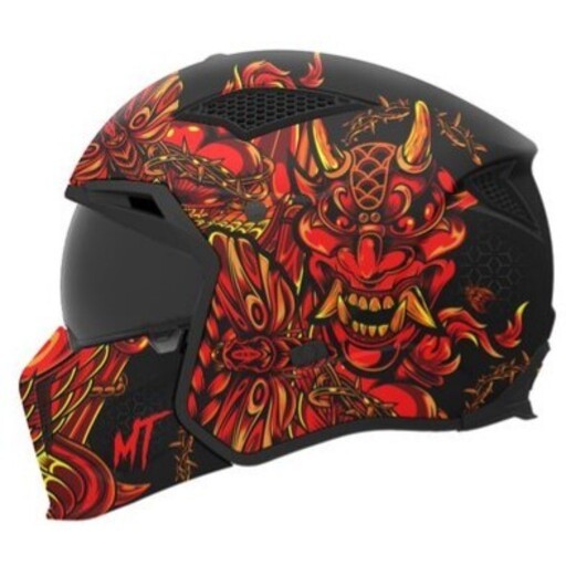 MT Helmets öppen mc-hjälm Streetfighter SV S Hellish B5 med röd och svart design, dekorerad med demonmotiv och aggressiva detaljer.