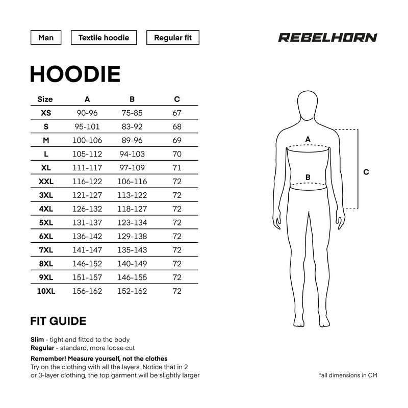 Storlekstabell för Rebelhorn Kevlar MC-hoodie med mått i cm. Finns i storlekar från XS till 10XL för en perfekt passform.