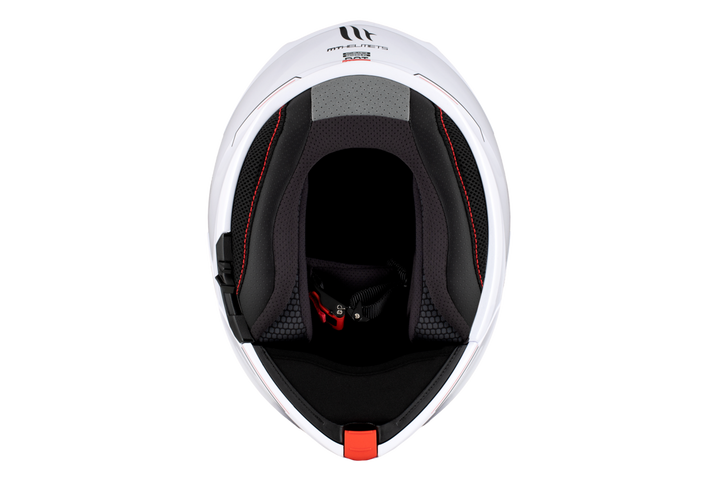 MT Helmets öppningsbar mc-hjälm Genesis SV vit, insida med vadderad komfort och justerbar hakrem. Ergonomisk och säker för alla förare.