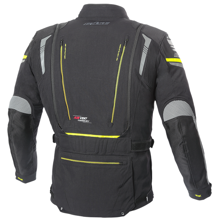 Buse Textil Mc-Jacka Agadir Svart bakifrån med AirVent-teknologi, reflexdetaljer och flera fickor för praktisk användning.