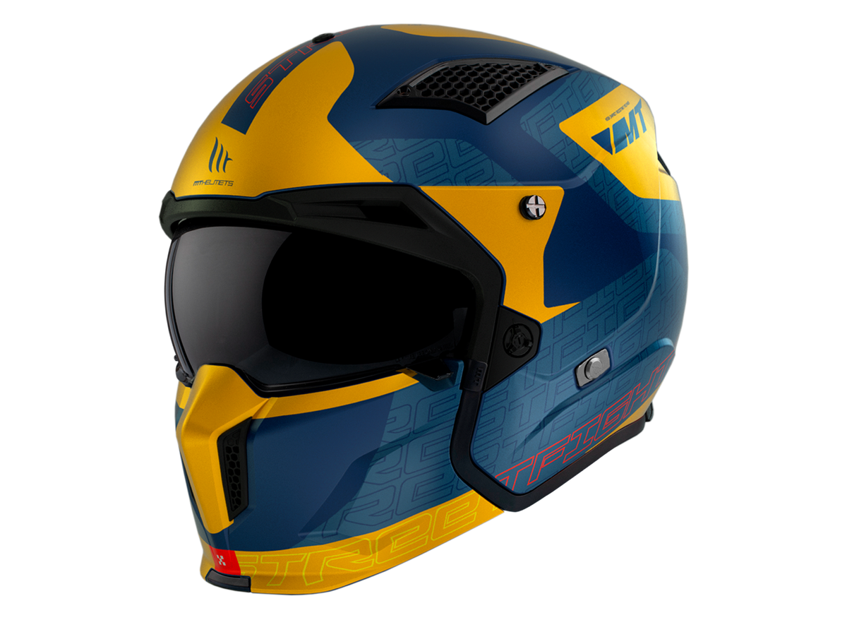 MT Helmets öppen MC-hjälm Streetfighter SV S Totem C3 i blått och gult med modern design och integrerat visir, storlek XS-XXL.