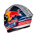 Sidovy av HJC Integral Mc-Hjälm RPHA 1 Red Bull Austin GP med detaljerad Red Bull-grafik och Grand Prix of the Americas-design. Säker och stilren.