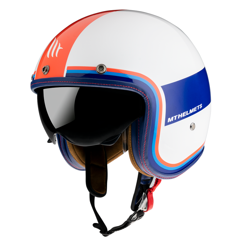 MT Helmets öppen mc-hjälm Le Mans Tant D15 i vit design med blå och orange detaljer, utrustad med visir och bekväm innerfoder.