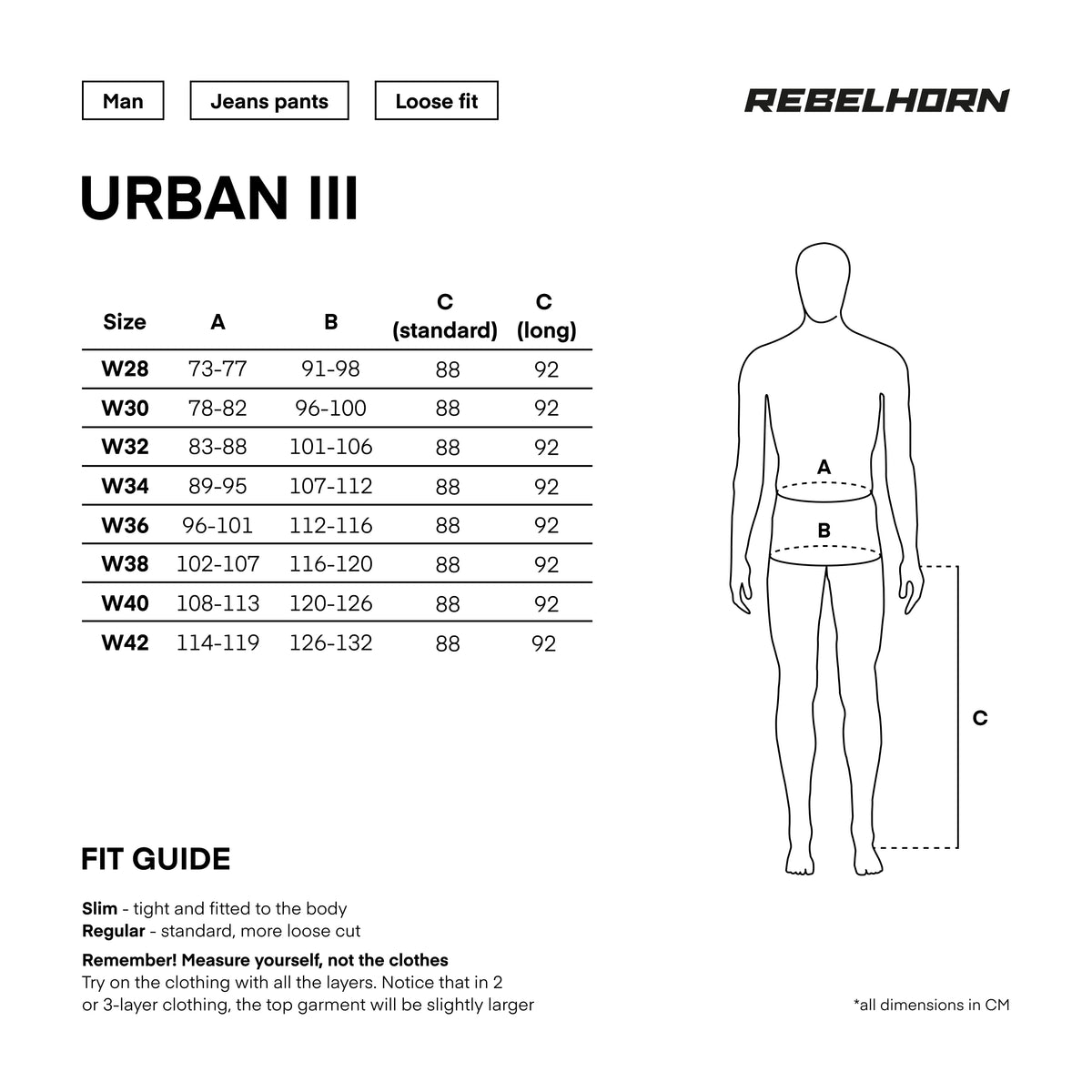 Storleksguide för Rebelhorn Kevlar Mc-Jeans Urban III Svart med måttangivelser. Hjälper motorcyklister att hitta rätt passform för optimal komfort.