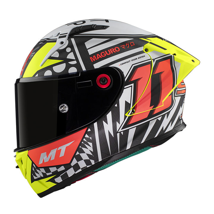 MT Helmets Integral Mc-Hjälm Kre+ Carbon Sergio Garcia med racinginspirerad grafik, rött MT-märke och ventilationssystem.