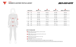 Storleksguide för Shima Dam Textil Mc-Jacka Drift Grå, med mått för byst, midja, höfter och ärmlängd för olika storlekar från XXS till 3XL.