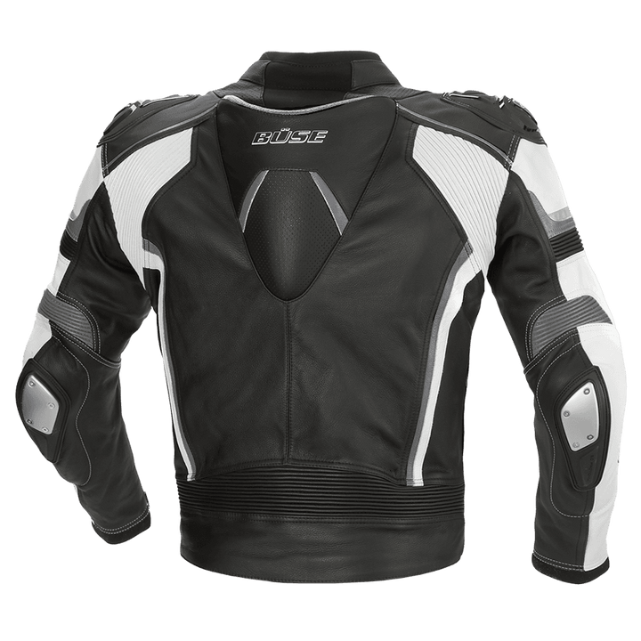 Baksidan av Buse MC-skinnjacka Mille i svart och vitt med avtagbar ryggkåpa och förstärkta skydd för optimal säkerhet.