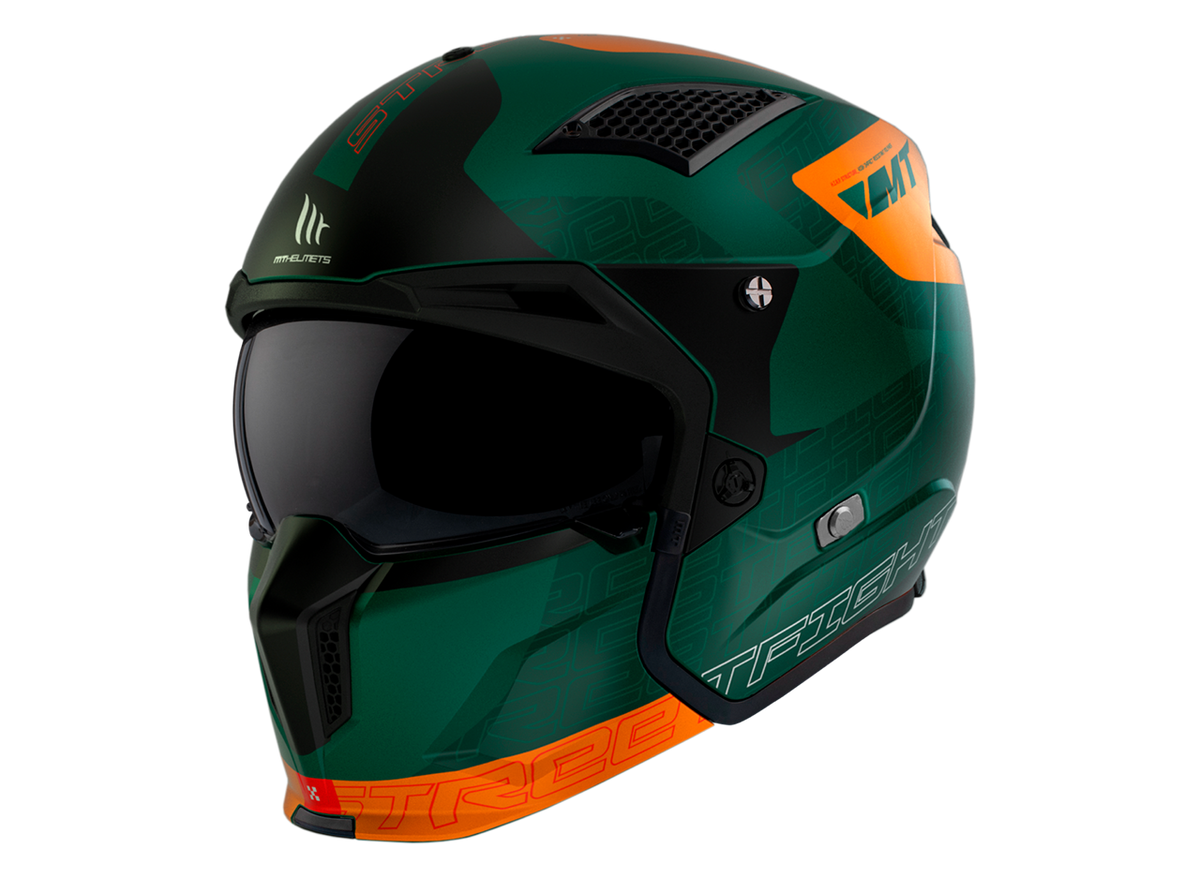 MT Helmets öppen mc-hjälm Streetfighter SV S Totem C6 i grönt och orange med modern design och integrerat visir, storlek XS-XXL.