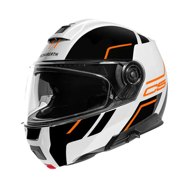 Schuberth C5 öppningsbar MC-hjälm i vitt, svart och orange med modern design och ECE 22.06-godkännande. Köp nu för säkerhet och stil.