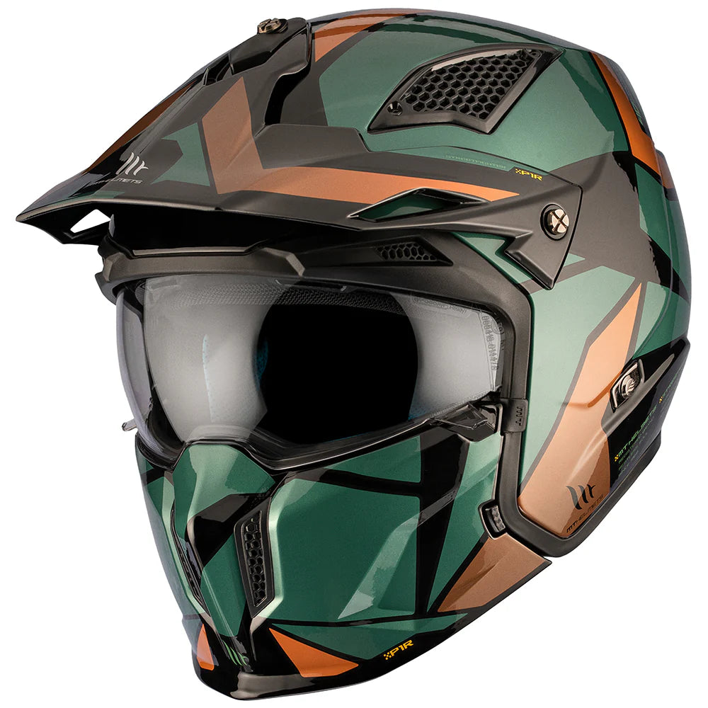 MT Helmets öppen Mc-hjälm Streetfighter SV S P1R i grönt med aggressiv design, integrerat visir och ventilationssystem. Perfekt för stadskörning.