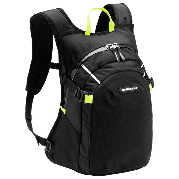 Spidi Ryggsäck Tour Pack Flu med svart design, reflexdetaljer och neonfärgade accenter. Perfekt för motorcykelförare.