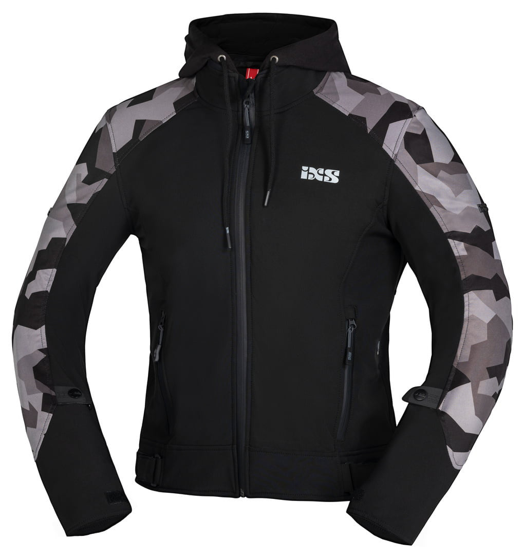 iXS Softshell Mc-Jacka So Moto i svart och camo med huva och dragkedjor. Stilren design med kamouflagedetaljer på ärmarna och justerbara ärmslut.