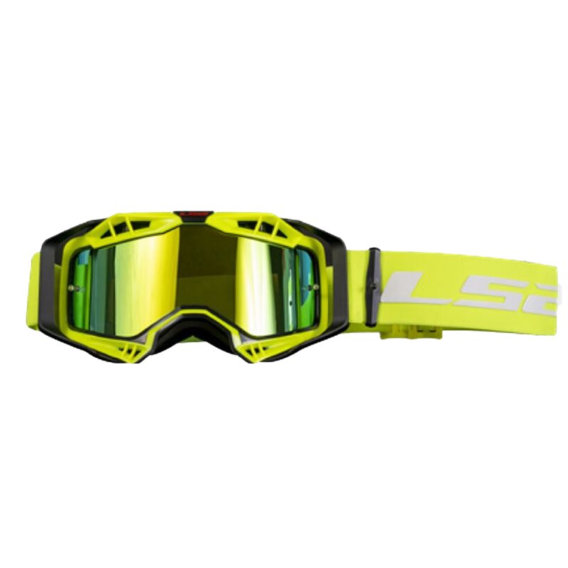 LS2 Goggles Aura Pro Iridium Flu med fluorescerande gul ram och spegelglas, idealiska för motorcykelåkning och MX-sport.